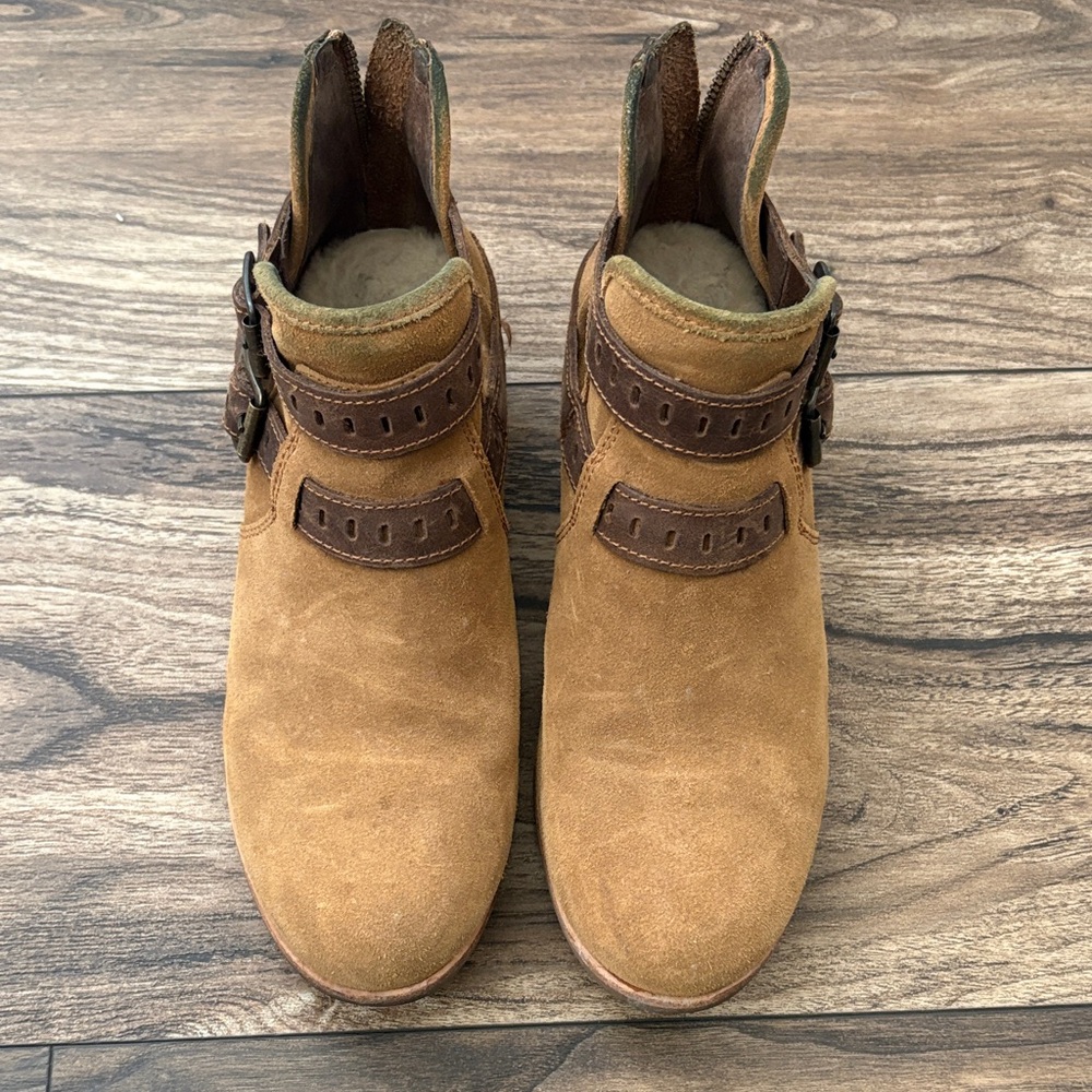 UGG Tan Suede Ankle Booties with Brown Strap Accents